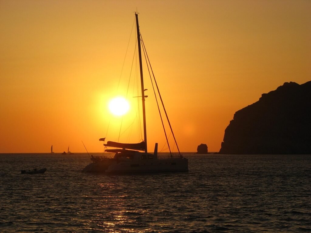 boat, catamaran, sunset, nature, greece, santorini